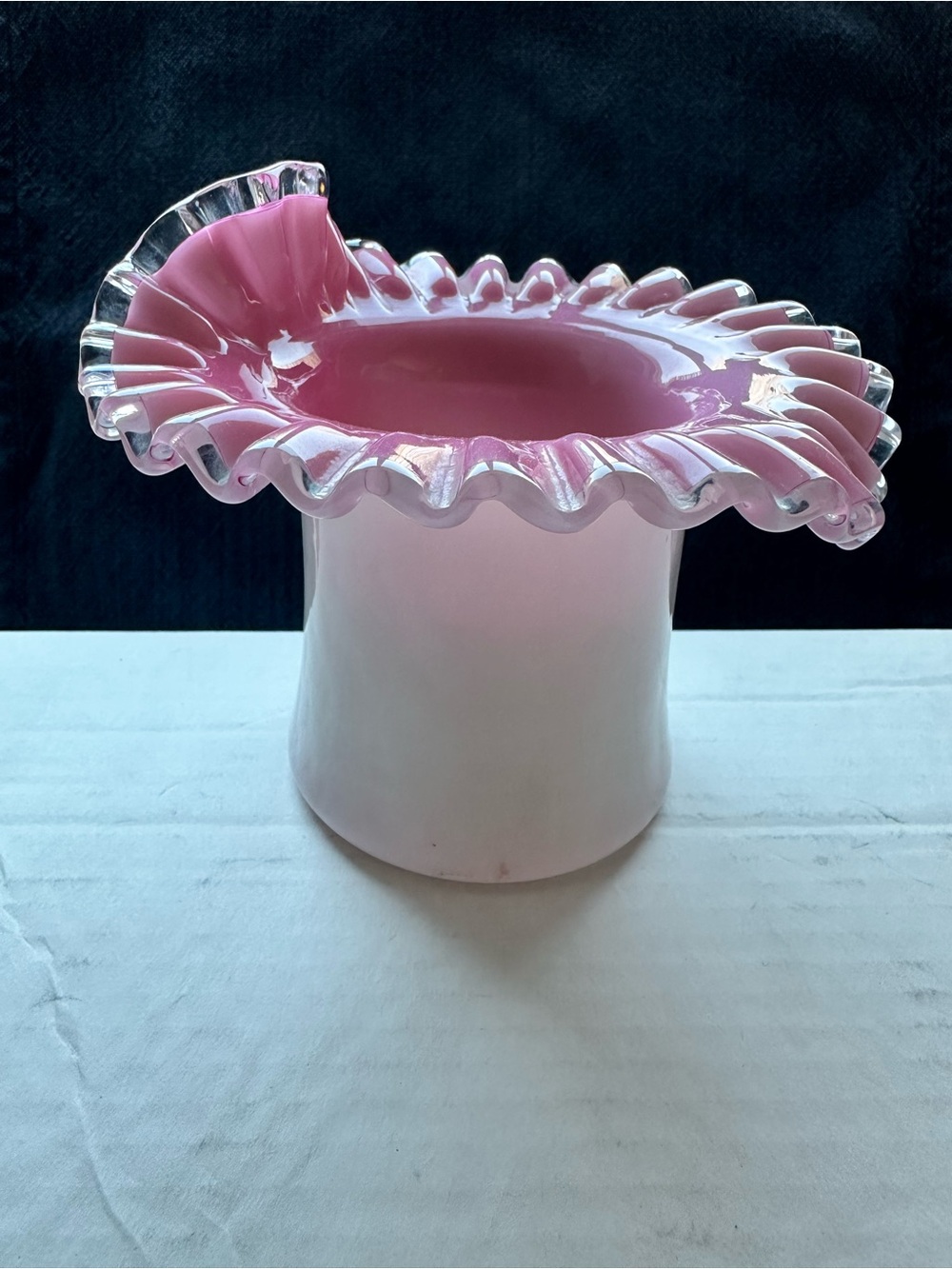 Vintage Fenton Art Glass Encased Pink Ruffled Top Hat Vase (1944–1959)